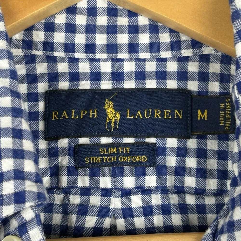 Ralph Lauren Oxford Shirt Men’s Medium Blue Gingham Check Flesh Pony Slim Fit